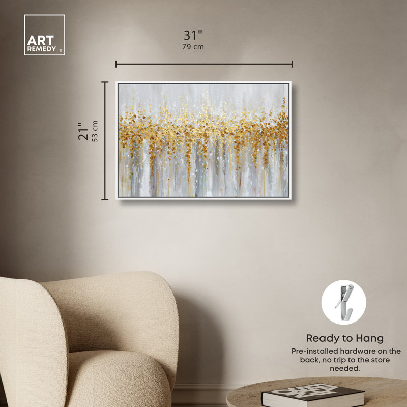 «Golden Rain I», reproduction d'art sur toile encadrée dorée par Art Remedy, cadre blanc, 30 x 20, Cadre en toile blanche