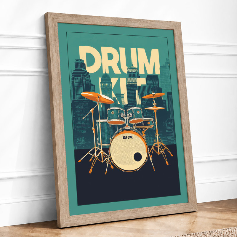 Urban Drum Kit Modern - Framed Print, A2 - 59.4 x 42.0 cm, Oak