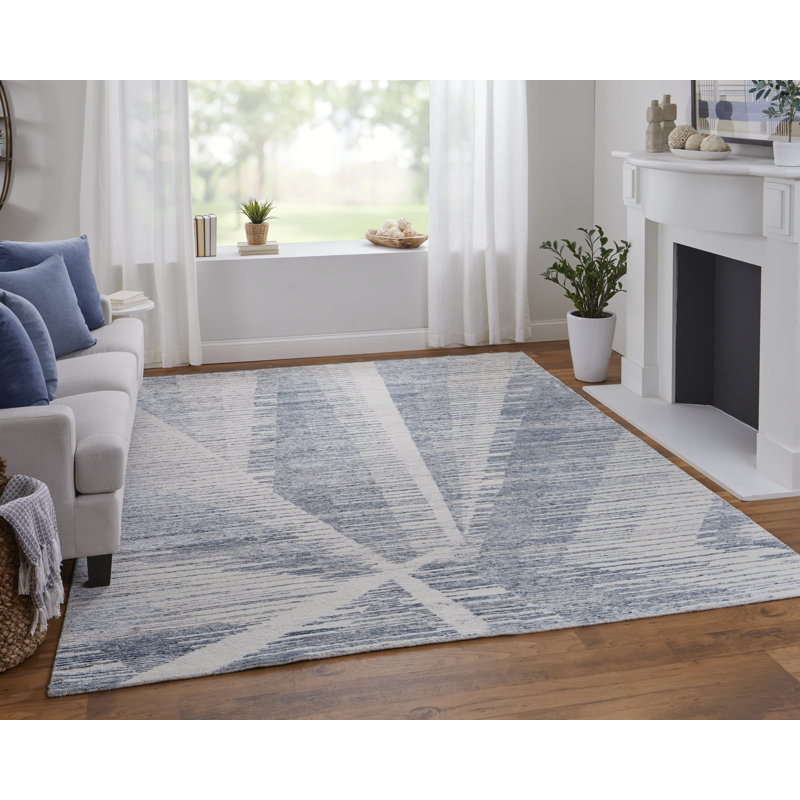 Brighton Hand Knotted Abstract Area Rug in Blue/Ivory, Rectangle 11'6" x 15'