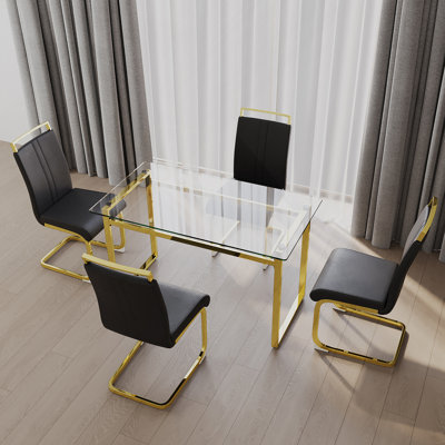 Ensemble de table de salle à manger pour 4 personnes, ensemble de table de salle à manger et chaises avec pieds plaqués, plateau de table en verre trempé