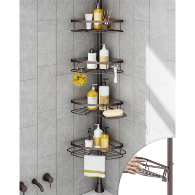 Étagère de coin de douche antirouille pour salle de bain, barre de tension avec 4 paniers, pour rangement de baignoire, hauteur réglable de 86 à 295 cm, bronze