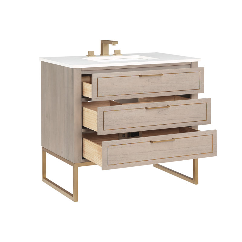 Markham 36'' W Single Vanity, Cashmere Gray, Satin Brass, White Quartz