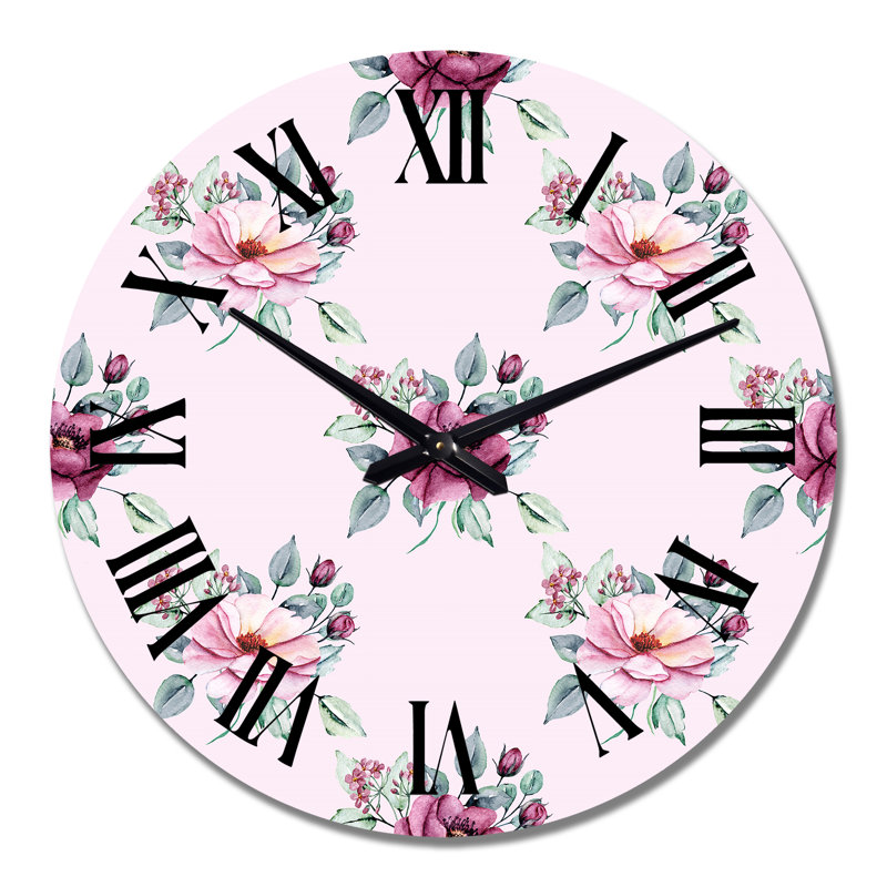 Horloge murale à motif de fleurs roses et rouges sur fond rose, Moyen