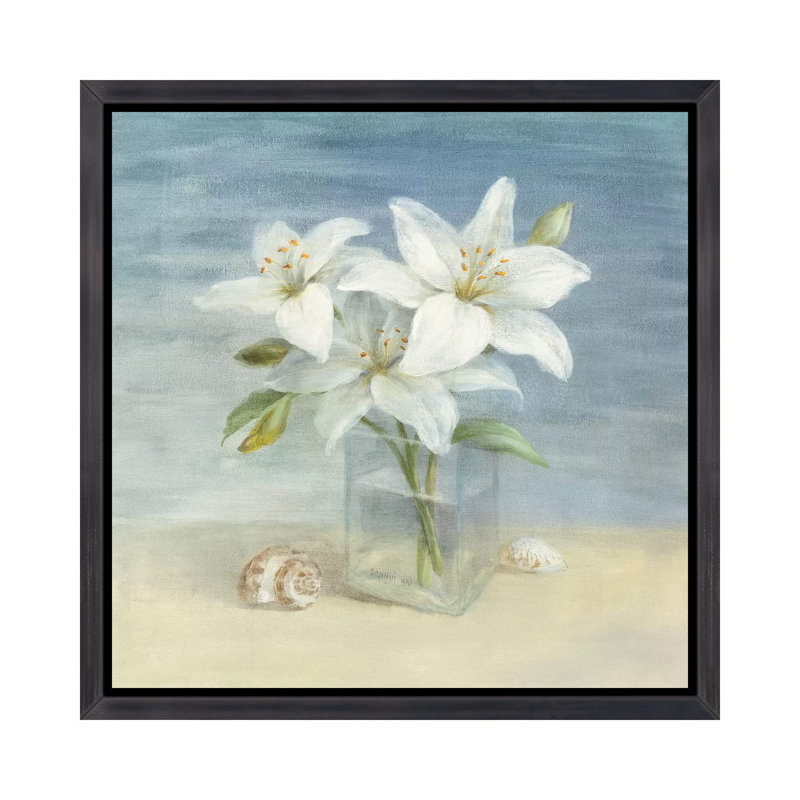 Lilies and Shells par Danhui Nai - reproduction d'art, H 37 po x l 37 po x P 1,5 po, Toile avec cadre noir patiné