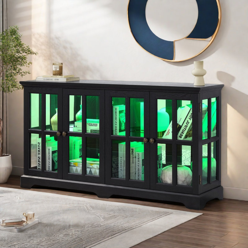 Antique Sideboard With 4 Glass Doors, Adjustable Shelves, Metal Handles And Led Light Strip, Black