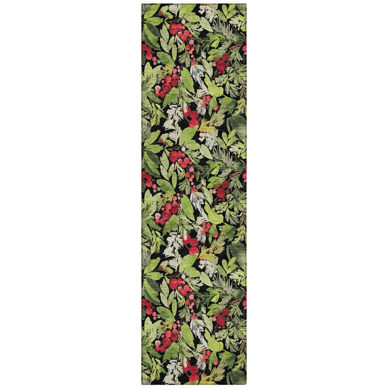Machine Washable Indoor/Outdoor Christmas Cherries Xhevrie Black Rug, Round 8'