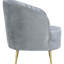 Confortable chaise rembourrée grise et dorée, chaise moderne recouverte de velours avec base, élégante et fonctionnelle