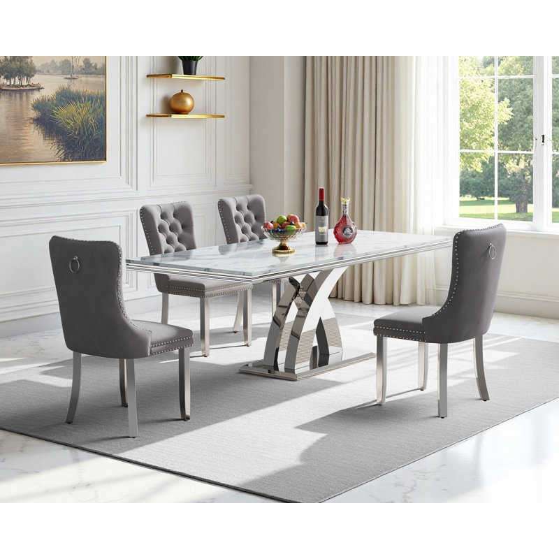 Modern 68.11" Faux Marble Dining Table Set , White Marble Dining Table with Velvet Dining Chairs, Dining Room Table and Chairs Set, Luxury Dining Table Set for Kitchen Dining