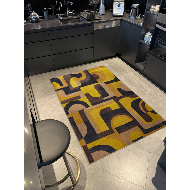 Tapis décoratif moderne à motif géométrique jaune-noir, Tapis de couloir 3 pi 9,81 po x 9 pi 10,11 po