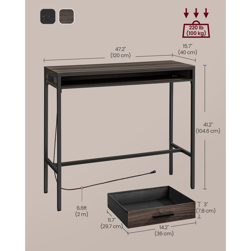 Bar Table With Power Outlet, 41.2"H x 47.2"L x 15.7"W, Ash Brown