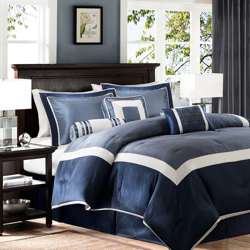 Navy King Comforter - 7 Piece, , Intricate Decorative Pillows For A Luxurious Look Piece 100% Pieced Pillows, Adds Warmth To Bedroom