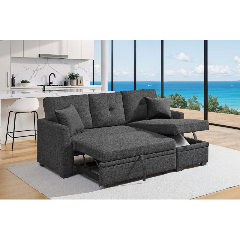 Canapé modulaire 76,5 po en mélange de lin avec lit escamotable et rangement pour chaise longue, Noir