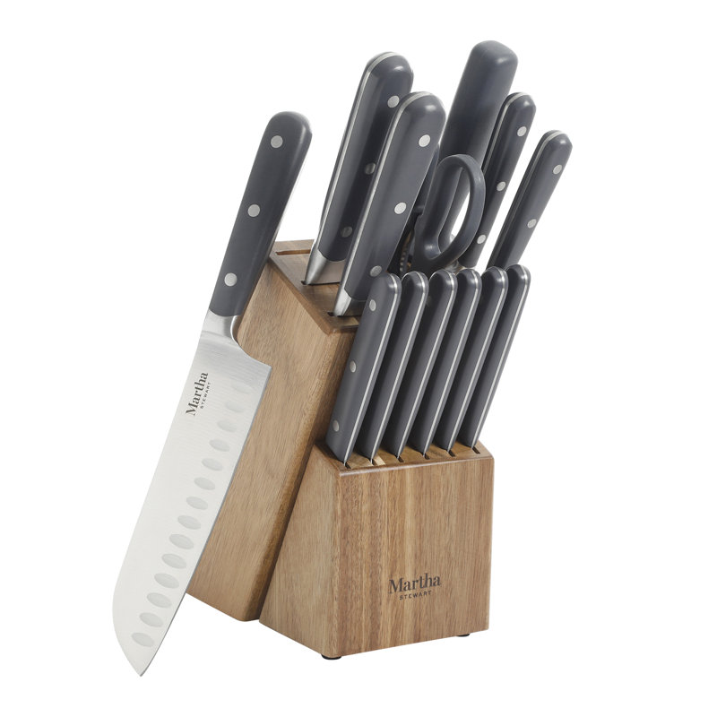 Gray 14-Piece Stainless Steel Cutlery Set with Acacia Wood Block