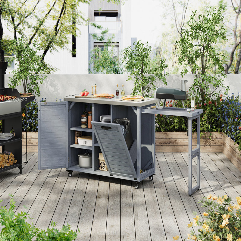 78.3" Outdoor Kitchen Island With Foldable Grill Table, Wooden Outdoor Grill Cart With Trash Can Storage & Stainless Steel Top, Outdoor Bar Cart, Pizza Oven Table For Lawn & Garden