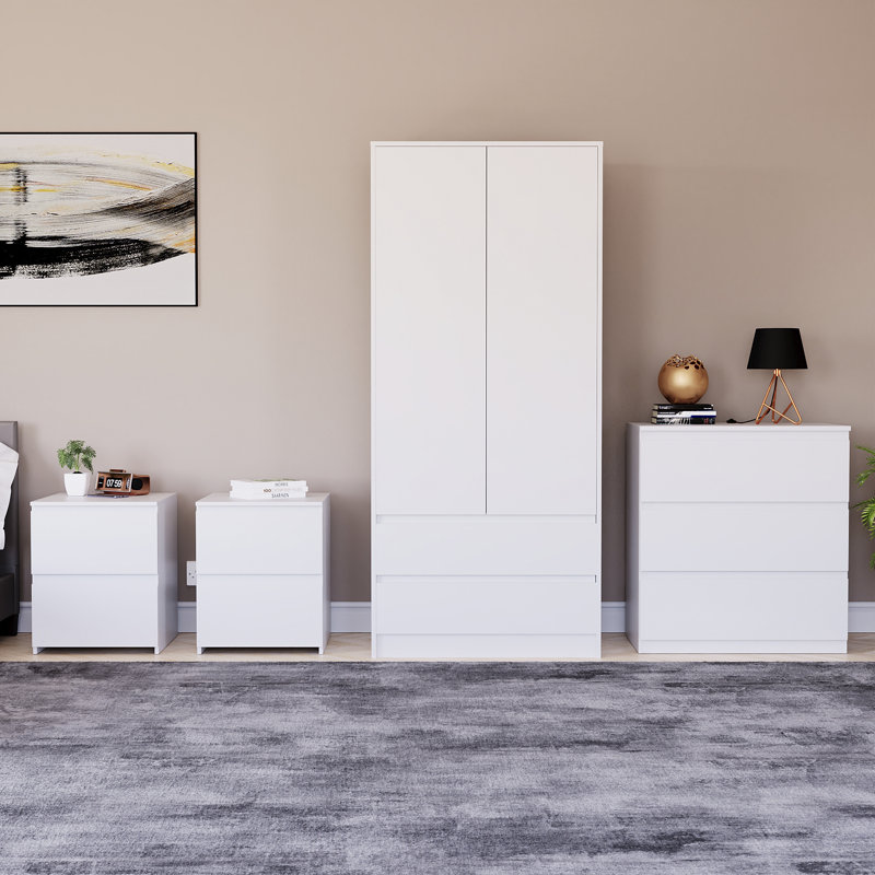 Tanino 4 Piece Bedroom Set (2 Drawer Large Bedside Chest X2, 3 Drawer Chest, 2 Door 2 Drawer Wardrobe), White
