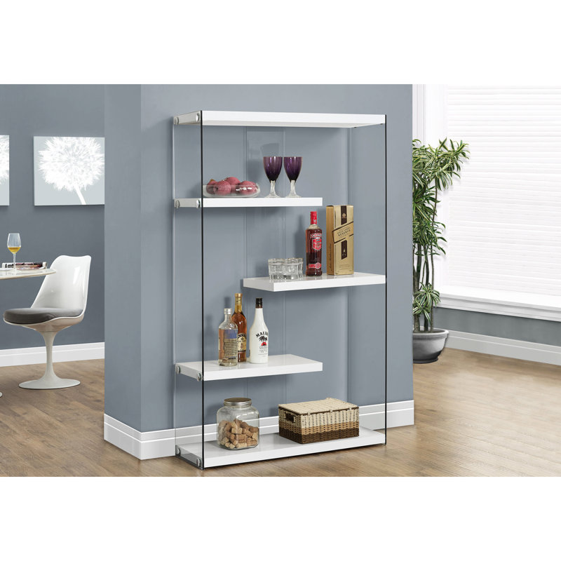 60"H 5 Tier Bookcase In Glossy White Laminate, With Tempered Glass, Modern Bedroom And Office Accessory , Clear Elegant Shelf