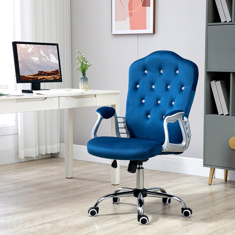 Fauteuil de bureau bleu, fauteuil d'ordinateur en velours, fauteuil de bureau capitonné, avec roulettes pivotantes, hauteur réglable et fonction d'inclinaison