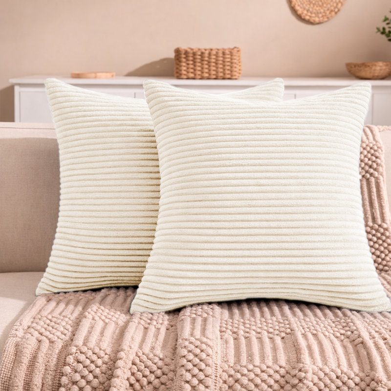 Aspire Homeware Striped Square Velvet Cushion Cover, Cream, Pack of 2