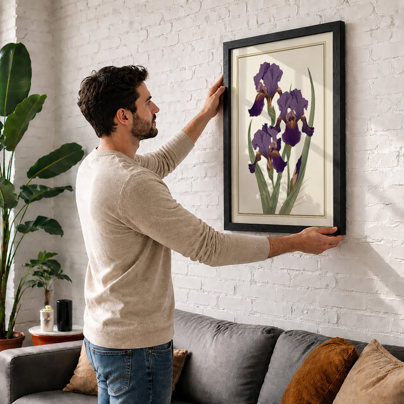 Purple Irises Study Botanical - Framed Print, Walnut, A3 - 42.0 x 29.7 cm