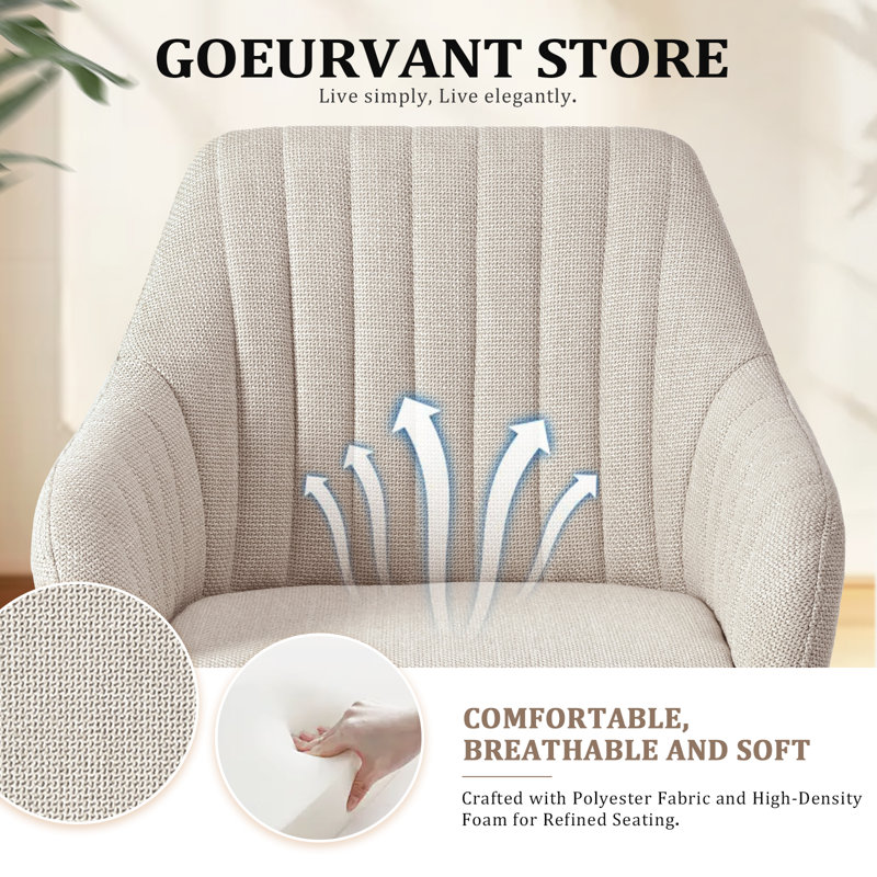 49.5cm H Upholstered Dining Chairs With Wooden Legs, 2, Beige Linen/Natural