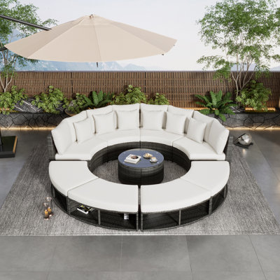 9-Piece Outdoor Patio Furniture Luxury Circular Outdoor Sofa Set Rattan Wicker Sectional Sofa Lounge Set With Tempered Glass Coffee Table -  Hokku Designs, E30191E3B6D94EF2811D008153A4775F