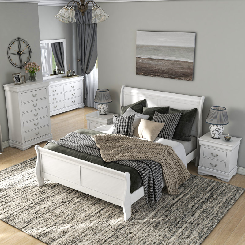 Ensemble de chambre à coucher Extula, Blanc, Grand, Six articles : lit, deux tables de chevet, deux c