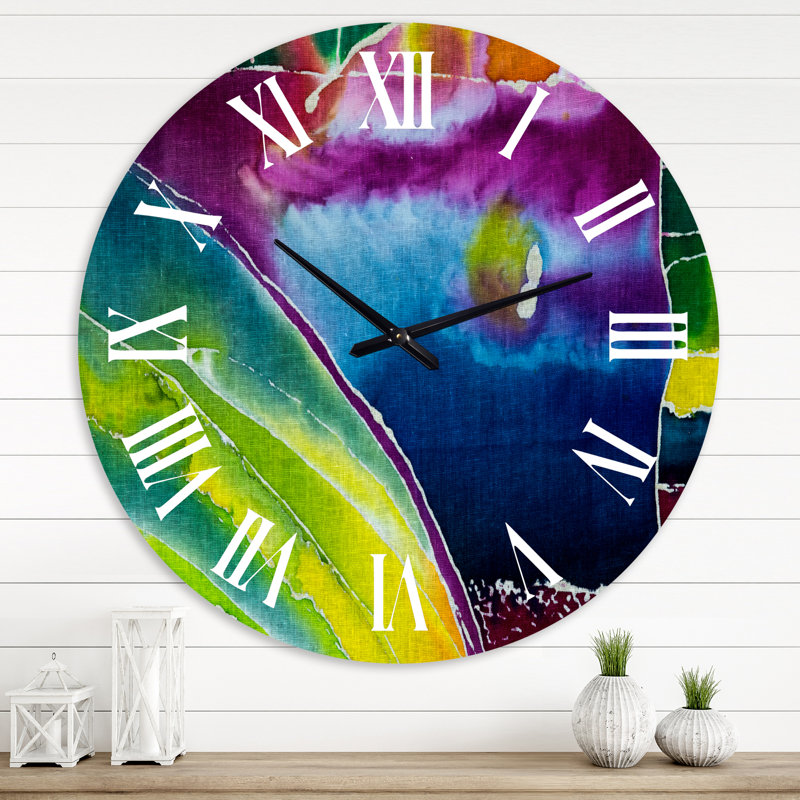 Horloge murale moderne Batik bleue, mauve et verte, Grand