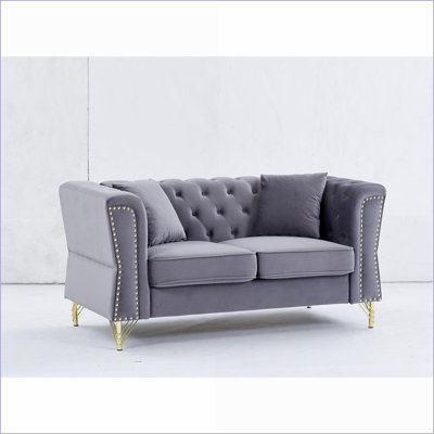 Canapé pour canapé en velours beige capitonné à 2 places avec garniture cloutée de pieds en métal, avec 2 coussins pour le salon | Velours | Beige