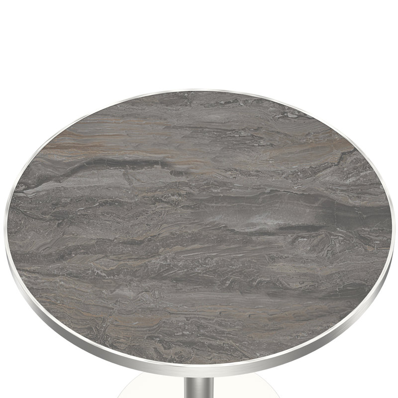 Table de salle à manger ronde à piédestal en pierre frittée avec base en acier inoxydable, Layered Taupe Gray