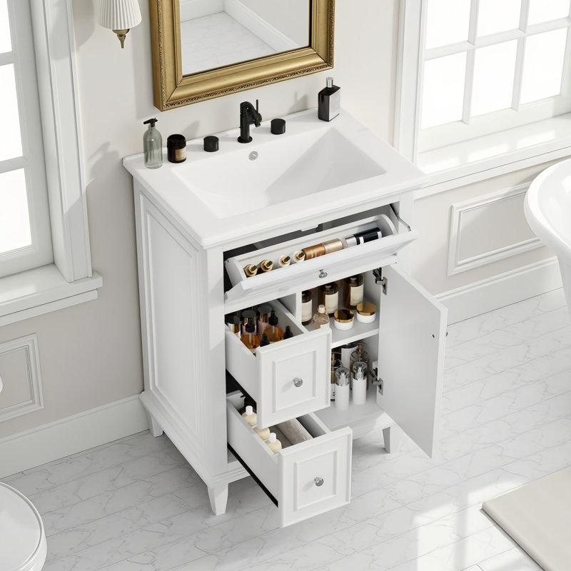 24"W Free-Standing Single Bathroom Vanity Set With Ceramic Sink, Solid Wood Frame, Storage Cabinet With Tip-Out Tray & 2 Drawers,2 Doors