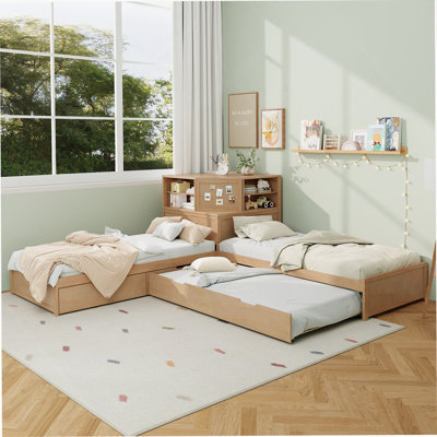 L-Shaped Combination Twin Bed Frame With Trundle And Drawer, 3-In-1 Low Corner Platform Bed With Built-In Desk And LED Downlight, Natural