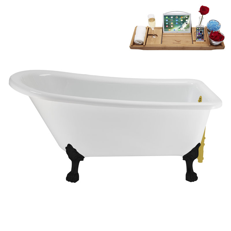 58" Streamlin Clawfoot Tub,Tray,Drain, Clawfeet, Matte Black, Brushed Gold