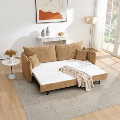 Cadie Sleeper Sofa With 2 Accent Pillows, Chenille Upholstery & Convertible Pull-Out Bed – Mocha