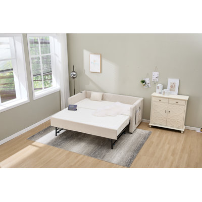 Beige Velvet Daybed, Sturdy Wooden Bed Frame, Modern Diamond Grid Pull-Out Design, Perfect For Bedroom, Living Room Furniture
