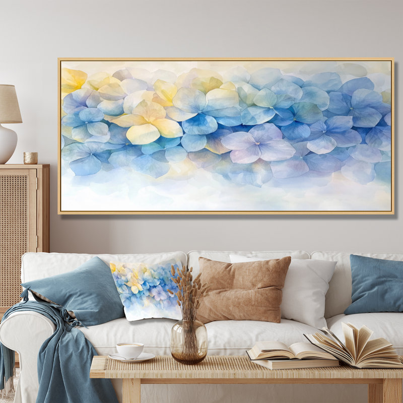 Abstrait hortensia horizon de simplicité VI - hortensia, art mural, H 28 po x l 60 po, Impression sur cadre flottant