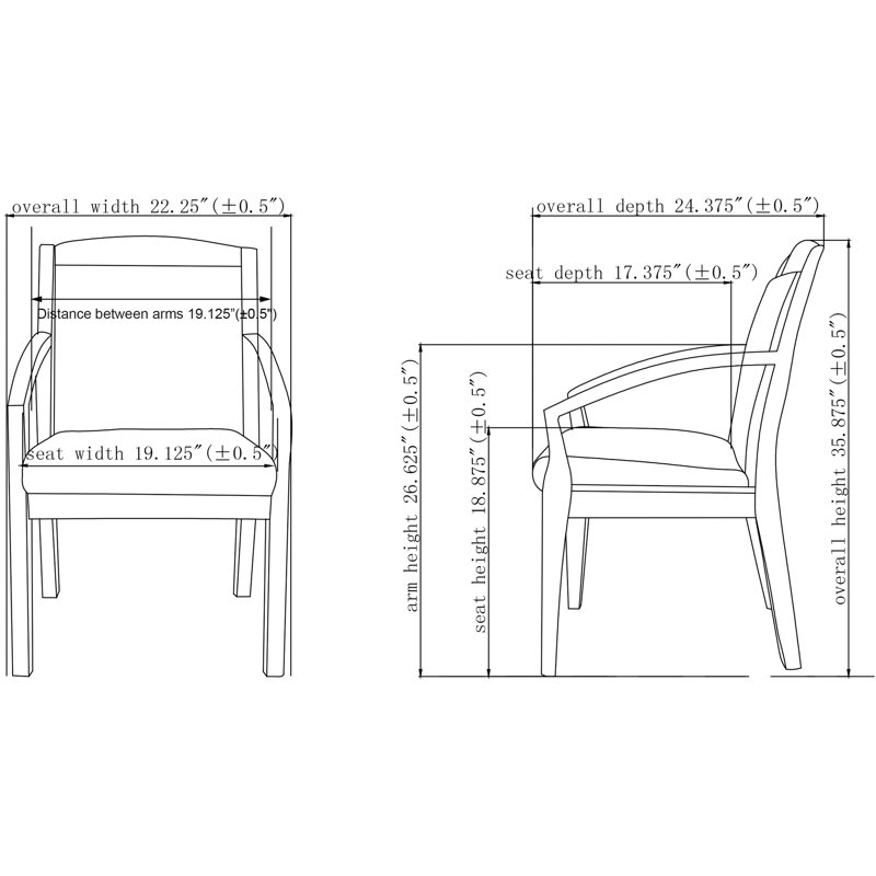 Chaise de salle d'attente en cuir 22,25 "avec structure en bois, Acajou noir