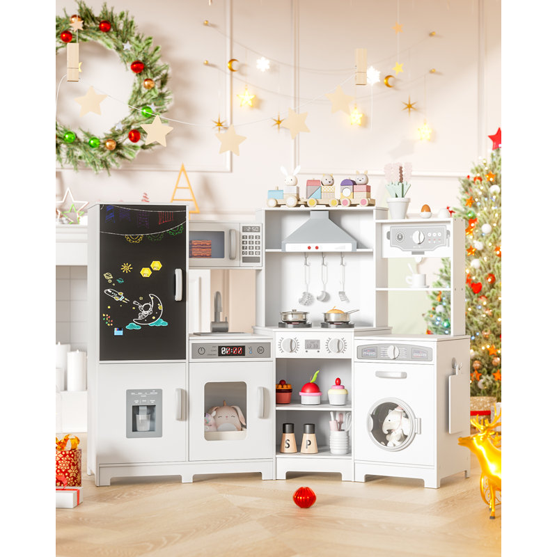 Wooden Corner Play Kitchen, Kitchen Playset With Stove & Range Hood W/lights & Sounds, Sink, Faucet, Ice Maker And Washing Machine, 6-piece Toy Set Age 3+(white)
