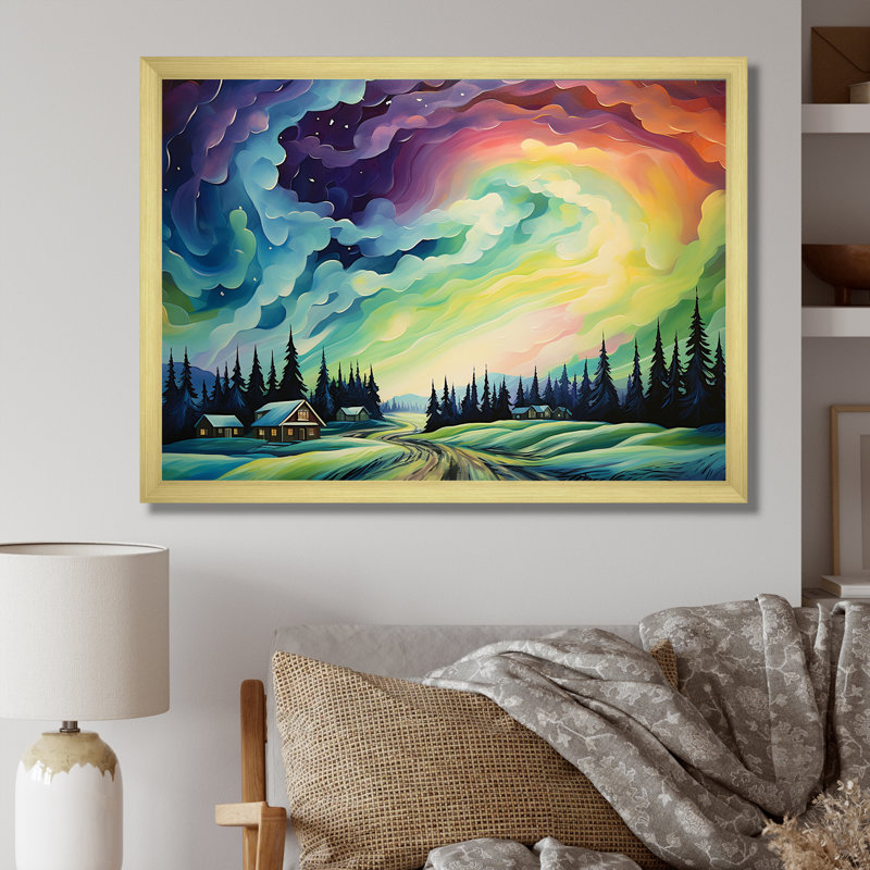 «Northern Lights Scenery Minimalisme I», reproduction sur toile, Cadre doré simple, H 12 po x l 20 po x P 1 po