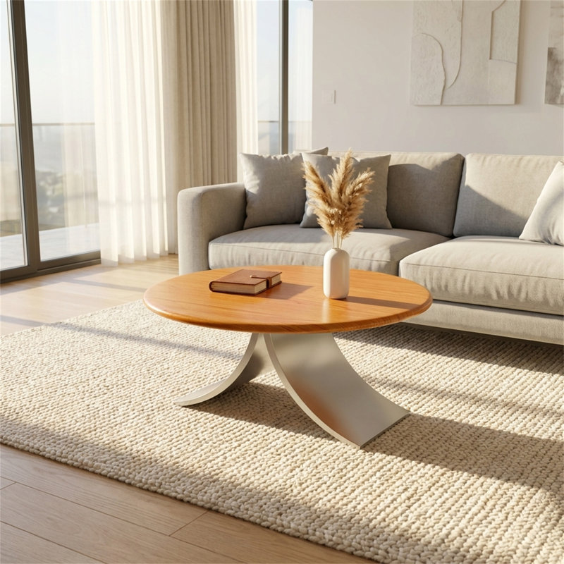 Table basse ronde en bois massif de 31,5 pouces fabriquée à la main avec structure en métal de style cerisier