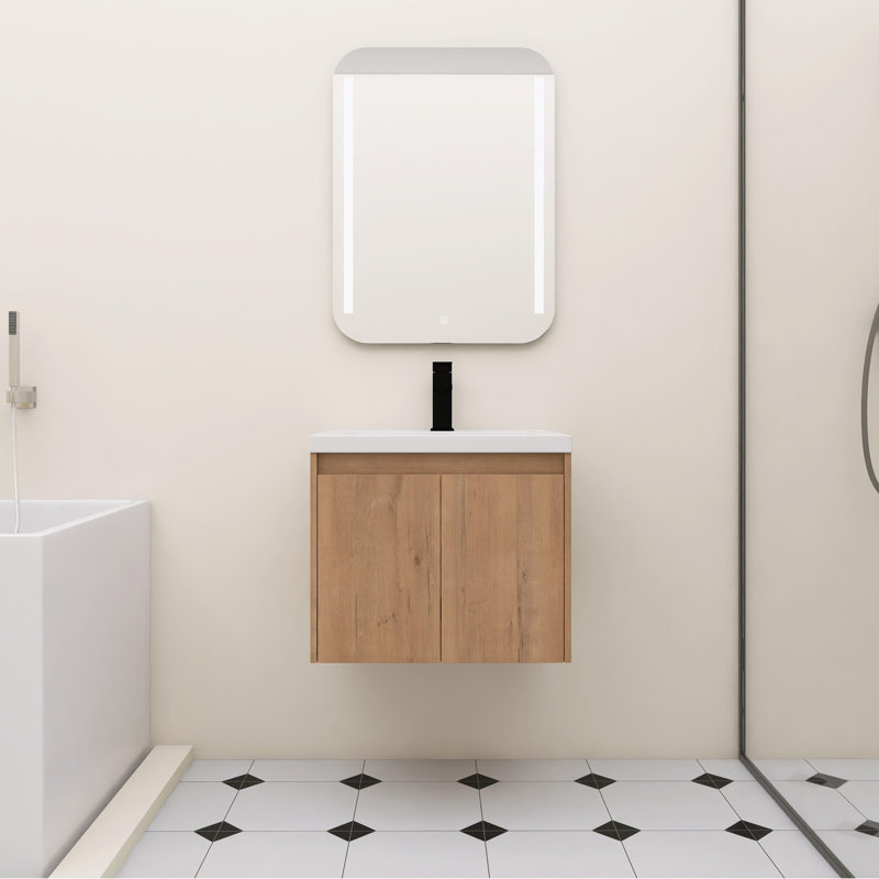Meuble-lavabo flottant 24 po avec lavabo en résine pour petite salle de bain, portes à fermeture en douceur