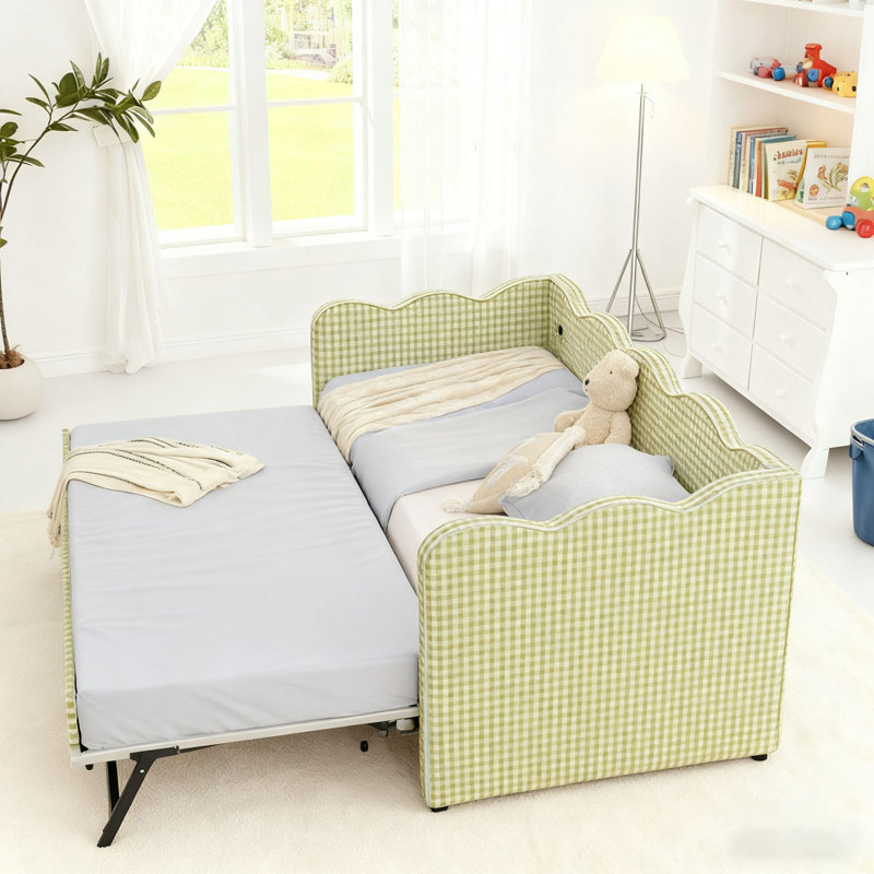 Lit de jour avec canapé-lit simple, avec port USB et adorable forme de vague, Vert