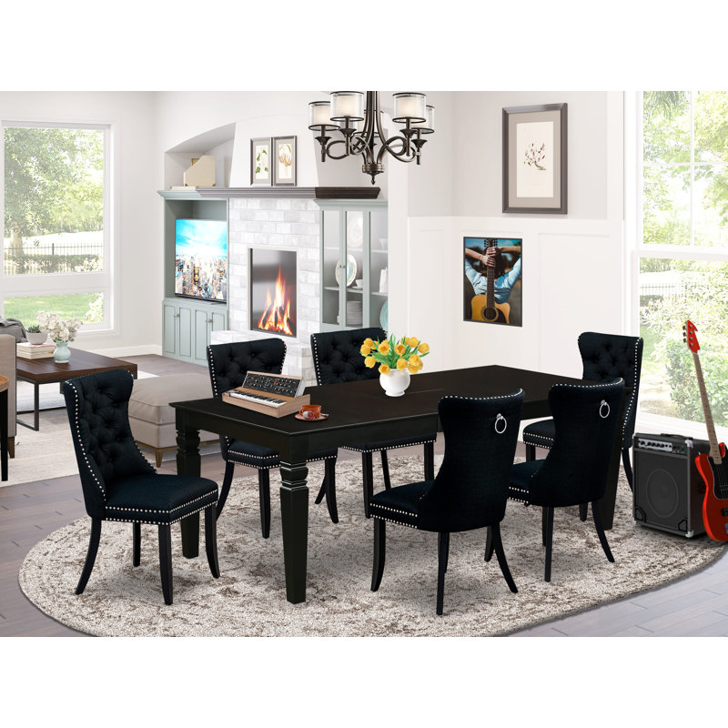 7 Piece Dining Table Set Consists of a Rectangle Kitchen Table with Butterfly Leaf and 6 Polyester Fabric Padded Chairs, Black