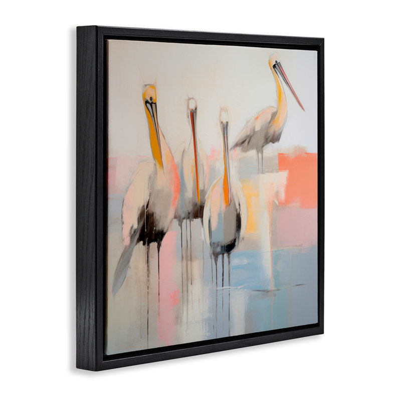 Abstrait, "Pelicans", toile grise encadrée par Irena Orlov, Cadre flottant noir de jais, H 18 po x l 18 po