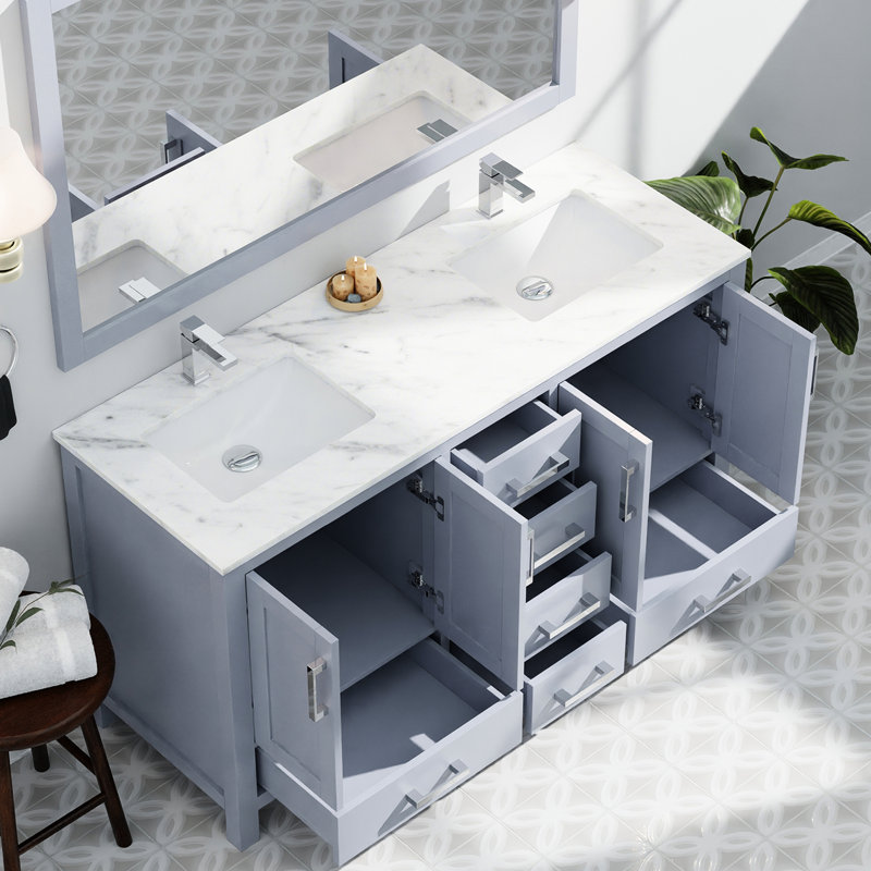 Meuble-lavabo double 60 po L, gris foncé, plateau en marbre, structure en bois massif, tiroirs à fermeture en douceur, armoires de rangement, tiroirs, tablettes ouvertes, meuble-lavabo pré-percé pour installation de robinet large,