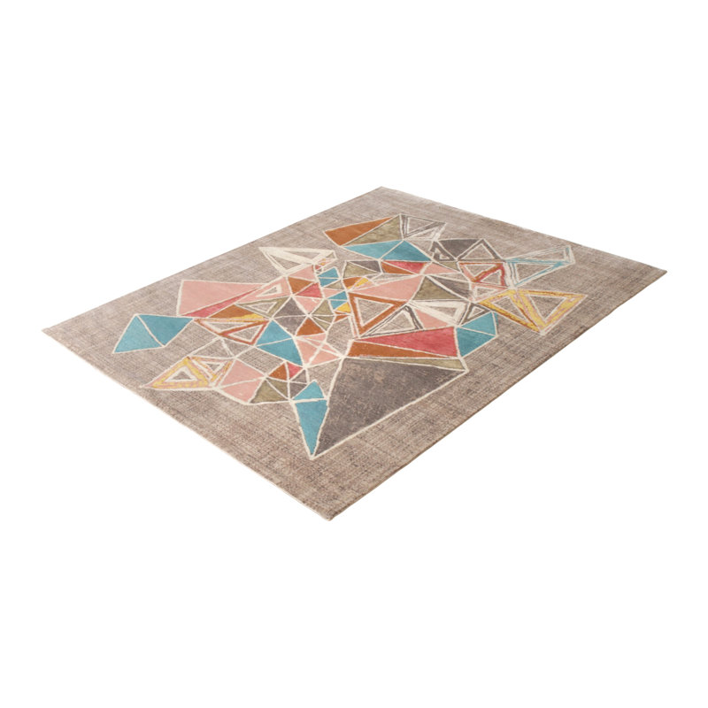 Mid Century Modern Hand Knotted Geometric Area Rug, Rectangle 10' x 14'