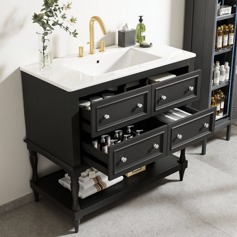 Meuble-lavabo 36 po avec lavabo sous-comptoir en céramique, 4 tiroirs d'extension et grande tablette de rangement, structure en bois d'hévéa massif, capacité de 300 lb, neutre moderne, prêt pour robinet central de 4 po