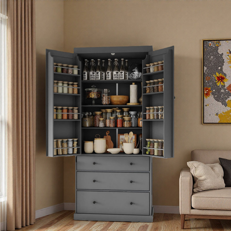 Garde-manger Farmhouse avec 3 tablettes réglables, 8 tablettes de porte et 3 tiroirs, Gris