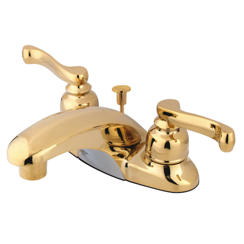 Kingston Brass Royale Two-Handle 3-Hole Deck Mount 4" Centerset Bathroom Faucet with Plastic Pop-Up, Polished Brass