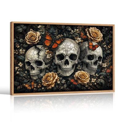 Impression sur toile, crânes complexes avec papillons orange et Halloween
