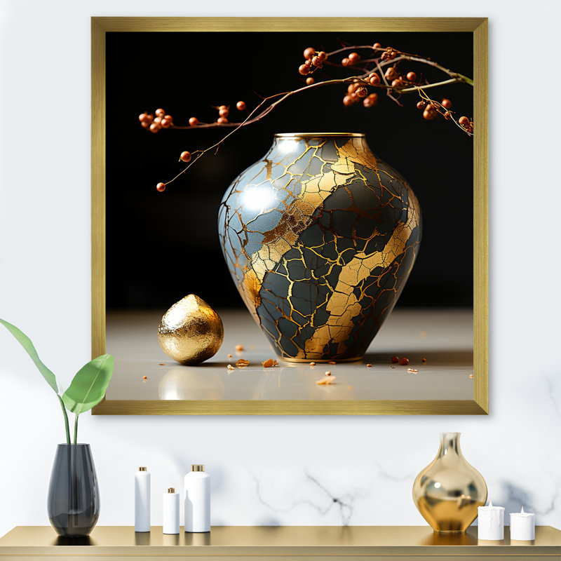 Japon, poterie Kintsugi doré I - Japon, art mural, Cadre doré simple, H 24 po x l 24 po x P 1 po